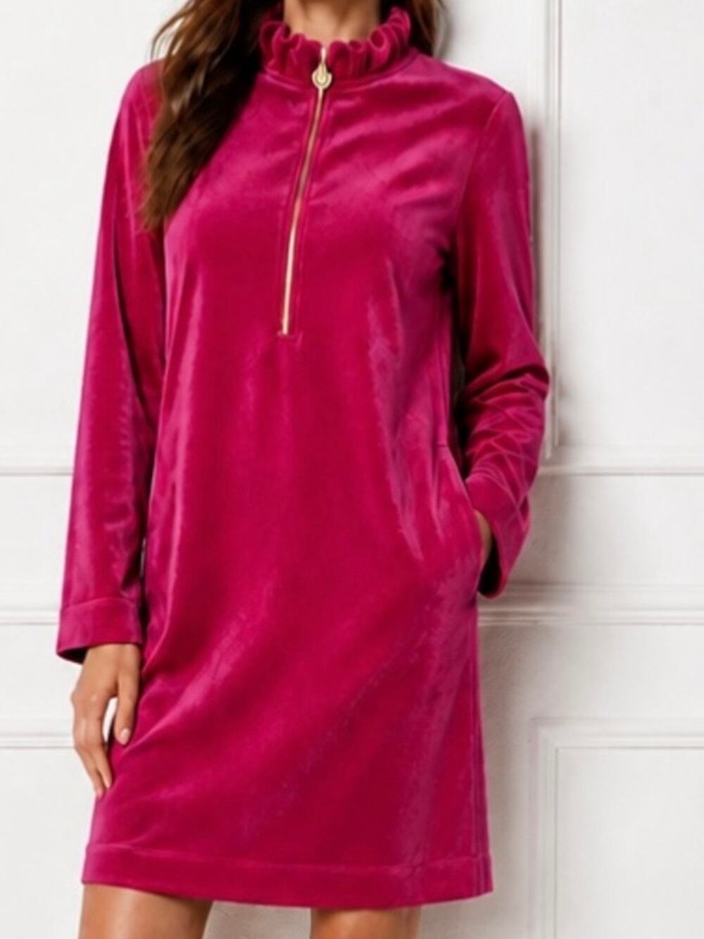 Lilly Pulitzer Skipper Dress S Berry Magenta Velour Ruffle Mock Half Zip Pockets